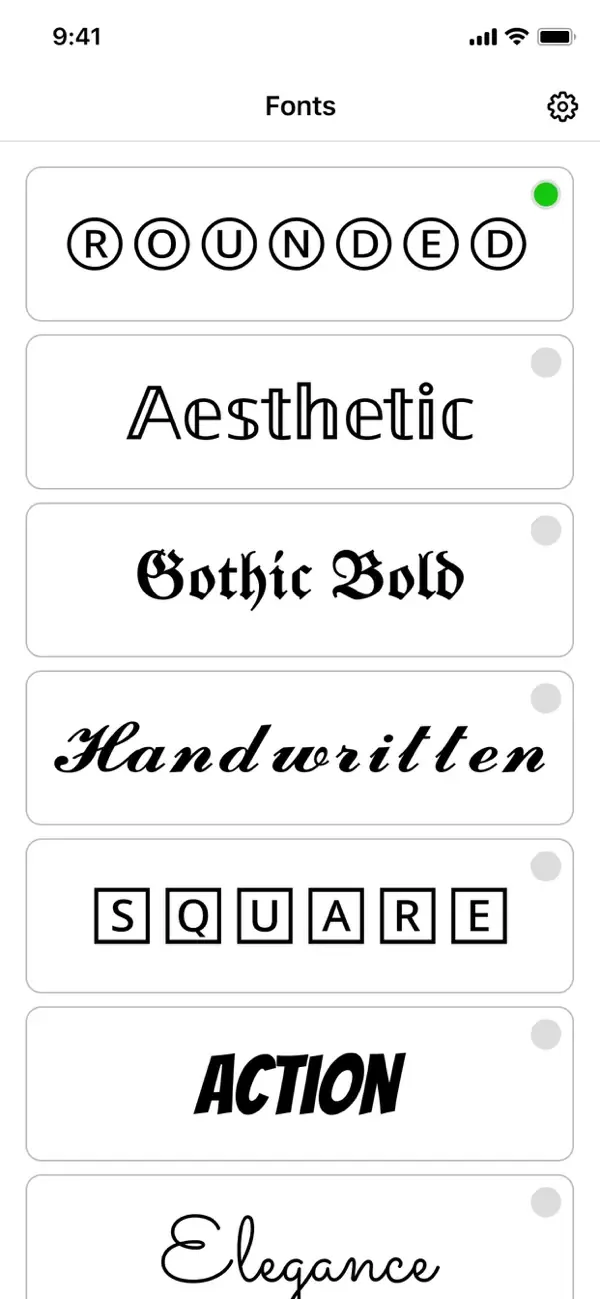 Font list previewing Rounded, Aesthetic, Gothic Bold, Handwritten and Square styles
