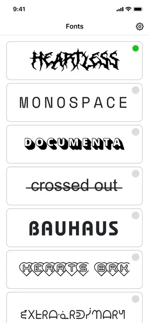 More font styles including Heartless, Monospace, crossed out and Bauhaus