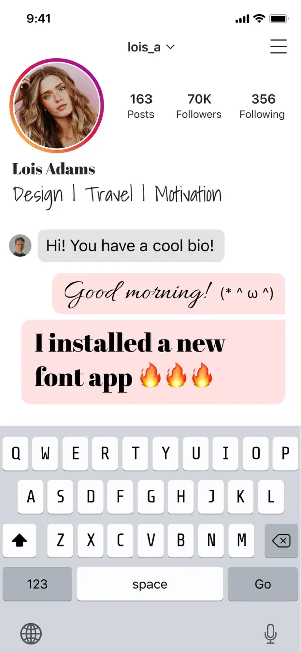 Custom fonts used in a social profile bio and message, with the keyboard open