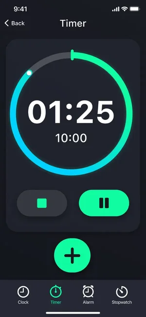 Countdown timer running at 1 minute 25 seconds with pause and stop controls