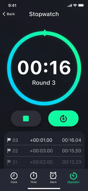 Stopwatch at 16 seconds on round 3 with recorded lap times