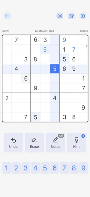 Sudoku grid in progress with undo, erase, notes and hint controls
