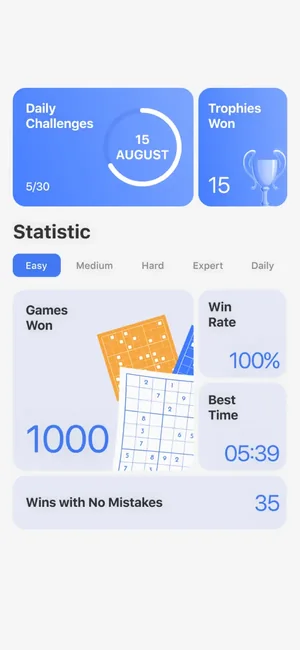 Statistics screen with games won, win rate and best solve time