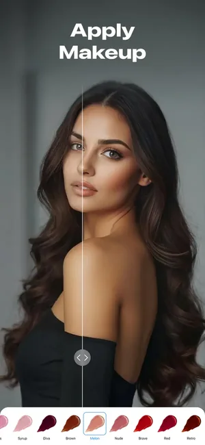 Makeup applied to a portrait with a row of lipstick shades to choose from