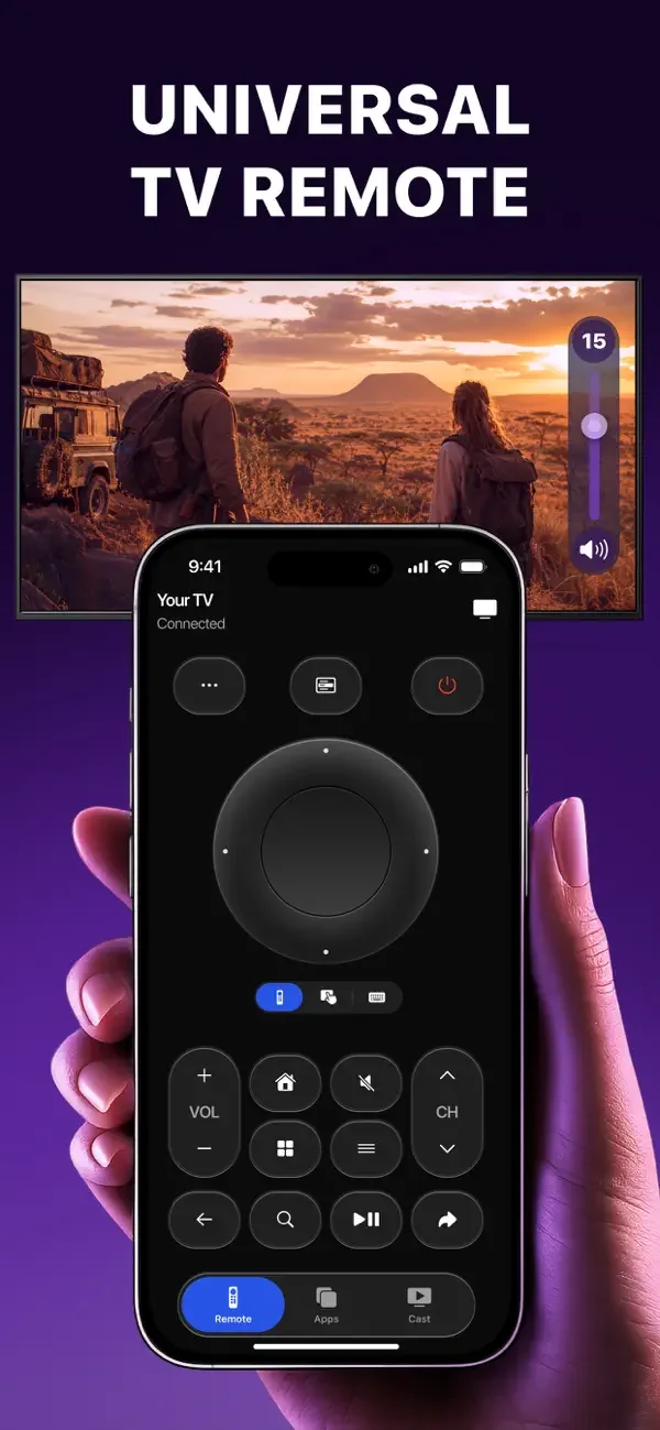 On-screen TV remote with a directional pad, held in front of a television