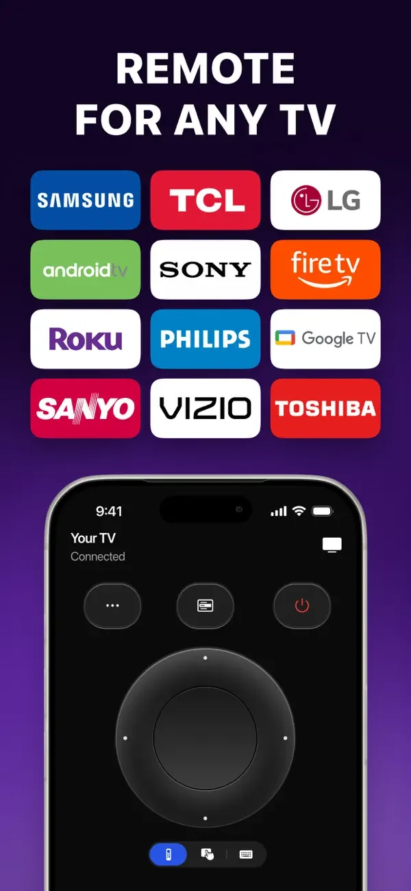 Supported TV brands including Samsung, LG, Sony, Roku, Philips and Toshiba