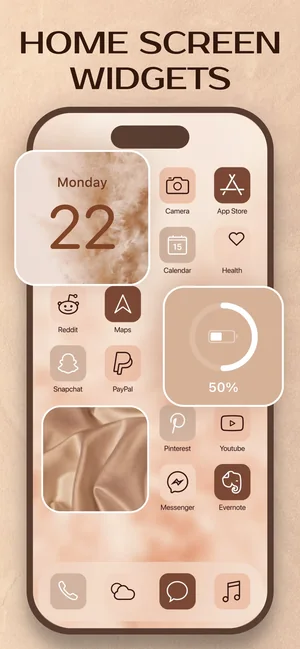 Widgets, Themes & Wallpapers app: beige home-screen theme with matched calendar and battery widgets