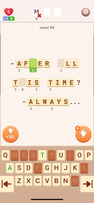 Word Puzzle app: level 94 cipher board with a tile keyboard and hint coins