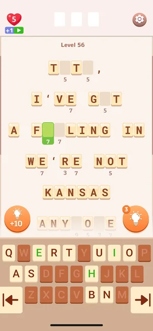 Word Puzzle app: partially decoded phrase on a level 56 board