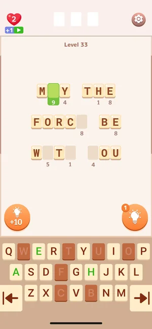 Word Puzzle app: fresh level 33 board with hidden words to solve